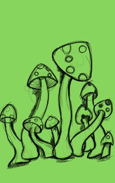 a drawing of some mushrooms on a green background