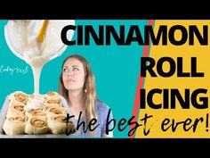 a woman is pouring cinnamon roll icing on top of the best ever buns