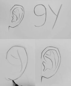 the steps to draw a woman's ear with pencils on paper, and then using