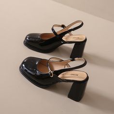 Upper Material: PUCategory: Strap SandalsToe Shape: Round HeadStyle: Korean StyleSole material: Raw rubber soleLining Material: PUWearing Style: Buckle Elegant Shoes Casual, Dream Shoes Heels, Retro Sandals, Hak Tinggi, Shoes Inspiration, Funky Shoes, Patent Heels, Assembly Line, Shoe Inspo