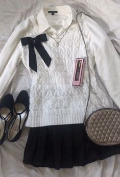 Black And White Coquette Dress, Black And White Girly Outfits, White Shirt Black Skirt Formal, Coquette Clothing Pieces, Coquette Black Skirt Outfit, White Sweater Coquette, Cute Outfit Girly, How To Style White Sweater Vest, Coquette Mini Skirt Outfit