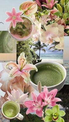 a collage of photos with flowers and green liquid in them, including pink lilies