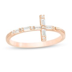 Subtle and shimmering, this diamond cross ring is a contemporary way to celebrate your faith. Crafted in precious 10K rose gold, this tailored look showcases a sculpted cross set sideways along the band. Alternating round and baguette-cut diamonds line the design for a sparkling display. Captivating with 1/6 ct. t.w. of diamonds and a brilliant buffed luster, this ring pairs well with most any attire. Golden Jubilee, Ring Ideas, Baguette Cut Diamond, Diamond Cross, Cross Ring, Unique Engagement Rings, Diamond Clarity, Diamond Stone, Round Diamond