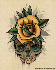 a drawing of a skull with a rose on it's head