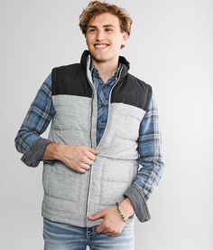 BKE Color Block Marled Puffer Vest - Grey X-Large, Men's Greyblack Zip front mock neck vest Flannel plaid lining Compact/sub-compact interior carry holster Model Info: Height: 6'1 | Chest: 41 | Waist: 34 | Hip: 40 | Wearing Size: Medium. Layering piece(s) and/or accessories sold separately.. 100% Polyester. Machine wash cold water. Do not bleach. Tumble dry low. Cool iron if needed.. MEN'S VEST SIZE CONVERSION CHART Size S M L XL XXL XXXL Chest 41 43 45 47 49 51 Body Length 27 28 29 30 31 32 *Co Vest For Men, Vests Mens, Men's Coats & Jackets, Conversion Chart, Men's Vest, Mens Vest, Puffer Vest, Plaid Flannel, Best Brand