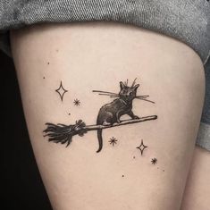 a cat sitting on top of a broom with stars in the sky behind it,