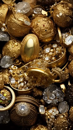 many different types of gold jewelry are stacked on top of each other in this pile