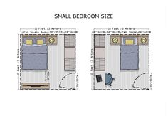 the floor plan for a small bedroom with two separate beds and one smaller bed in each room