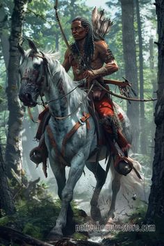 a native american man riding on the back of a white horse in a wooded area