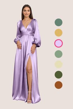 a woman in a long purple dress standing next to a color chart with different colors