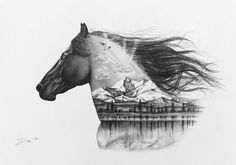 a black and white drawing of a horse's head with mountains in the background