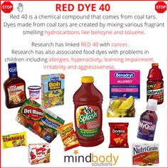 red dye ad with the words red dye 40 on it and various types of food