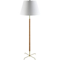 a wooden floor lamp with a white shade on the base and a metal tripod base