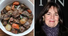 a woman is smiling next to a bowl of stew and a photo of her face