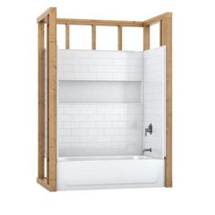 a white bath tub sitting next to a wooden framed shower door with no curtain on it