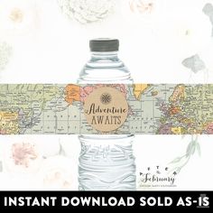 a water bottle label with the words adventure awaits in front of a world map