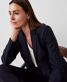 Elevate your professional wardrobe with the Ann Taylor Petite Notched One Button Blazer in Seasonless Stretch. This impeccably tailored piece is a must-have for year-round sophistication.

- **Size:** Petite 10
- **Color:** Deep Navy Sky
- **Material:** Shell: 68% Polyester, 29% Viscose, 3% Spandex; Body Lining: 100% Polyester; Sleeve Lining: 95% Polyester, 5% Spandex
- **Fit:** Tailored fit
- **Length:** Hits at hip, approximately 22" long
- **Features:** Notched lapel, one-button front, long b Long Blazer Jacket, One Button Blazer, Women's Blazers, Professional Wardrobe, Open Sleeve, Navy Suit, Long Blazer, Womens Blazers, Professional Outfits