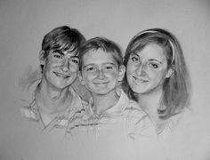 a pencil drawing of three people smiling at the camera