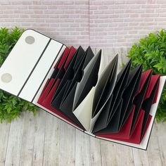 an open book with black and red pages sitting on top of a wooden floor next to green plants