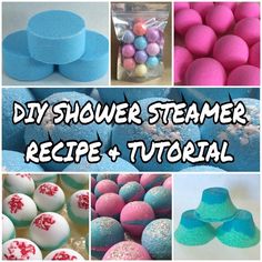 there are pictures of different types of cakes and desserts in this collage with the words diy shower steamer recipe