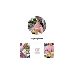 a woman in pink shirt standing next to a plate of food and drinking from a cup