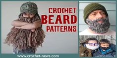 two pictures of people with crochet beards and one is wearing a knitted hat