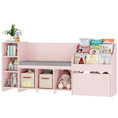 a pink shelf with books and toys on it