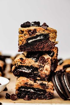 cookies and oreo cookie bars stacked on top of each other