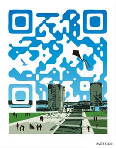 a blue and white poster with people flying a kite in the sky next to some buildings