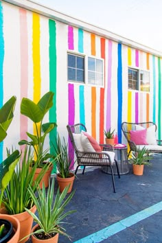 colorfully painted building with chairs and potted plants