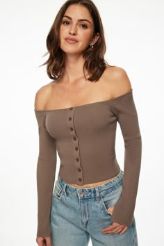 This is a off shoulder knit top - Designed to be fitted for a casual chic look. Features - Off shoulder - Button closure - Vented cuffs Size & Fit - Fitted Materials & Care - 72% Viscose, 28% PBT - Hand wash, cold - Imported Off Shoulder Knit Top, Kibbe Style, Romantic Kibbe, Shoulder Cardigan, Victoria Fashion, Cardigan Brown, Cardigan Design, Off Shoulder Top, Off Shoulder Tops