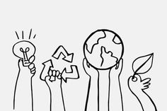 black and white drawing of people holding up the earth with arrows coming out of it