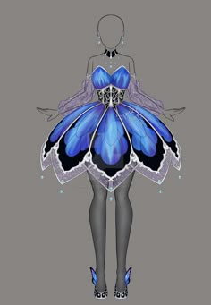 a drawing of a woman with blue and black butterflies on her wings, standing in front of a gray background