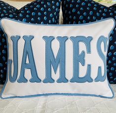 Example: 12 x 16 white diamond,  storm appliqué, thread and trim. Max font.  Please make color selections from my charts.    All of my pillows are lined, serged and feature an invisible zipper for easy removal. This listing is for the pillow cover only, it does not include the insert. To continue shopping in my shop: https://www.etsy.com/shop/peppermintbee Thread will match applique unless otherwise requested.  Care: Spot clean and iron if needed. *Peppermint Bee™ patterns and designs are the ex Preppy Baby, Name Pillow, Applique Monogram, Nursery Room Inspiration, Pretty Pillow, Nursery Pillows, Pillow Fabric, Applique Fabric, Monogram Fonts