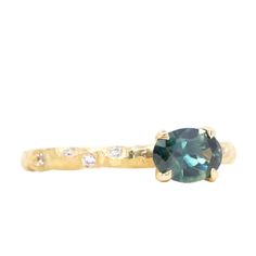 0.85ct Oval Sapphire in 14k Yellow Gold Evergreen Solitaire with Scattered Embedded Diamonds Oval Sapphire Ring, Teal Accents, Custom Engagement Ring