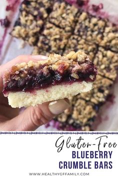 blueberry crumble bars with text overlay reading glutter - free blueberry crumble bars