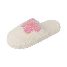 a white slipper with pink and yellow flowers on the front, sitting against a white background