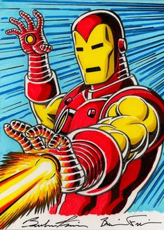 a drawing of iron man holding a firecracker in one hand and pointing to the sky