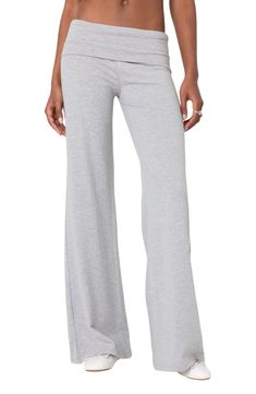 Enjoy all the maximums—ease, comfort and style—in these knit pants designed with a fold-over waistband and wide, flowy legs. Pull-on style 95% cotton, 5% spandex Machine wash, dry flat Imported Gray Stretch Wide Leg Sweatpants, Flowy Wide-leg Loungewear Bottoms, Loosely Fitted Wide-leg Yoga Sweatpants, Gray Wide-leg Loungewear Pants, Gray Wide-leg Cotton Sweatpants, Fold Over Yoga Pants, Athletic Pants Womens, Yoga Pants Women, Flare Leggings