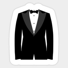 a black tuxedo and bow tie on a white sticker or decal