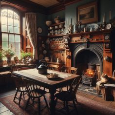 an old fashioned dining room with many plates on the table and chairs in front of a fireplace