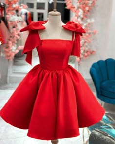 Princess Short Dress Red, Red A-line Mini Dress For Banquet, Cute Red Dress With Bow, A-line Satin Mini Dress With Bow, Evening A-line Mini Dress With Satin Bow, Red Dress Style, Mini Prom Dresses, Looks Party, Short Prom