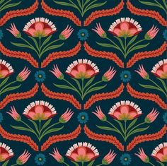 an abstract floral pattern with red and blue flowers on a dark background, suitable for wallpaper or fabric