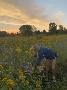 a woman picking flowers in a field at sunset