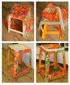 four different views of an orange and white stool with flowers on the top, bottom, and bottom