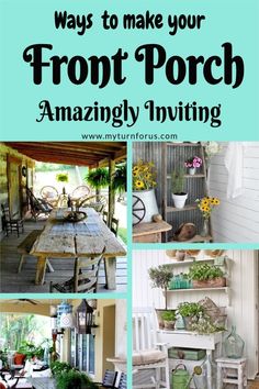 the front porch is filled with lots of plants and potted plants, including an old table