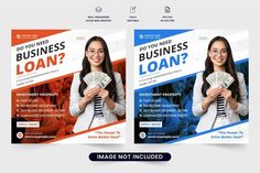 two banners with the words do you need business loan? and an image of a woman holding