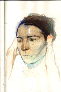 a drawing of a woman's face with her hands on her head