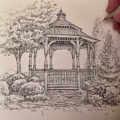 a drawing of a gazebo with trees and bushes in the background, on paper