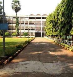 an empty walkway in front of a building with trees on both sides and grass to the side